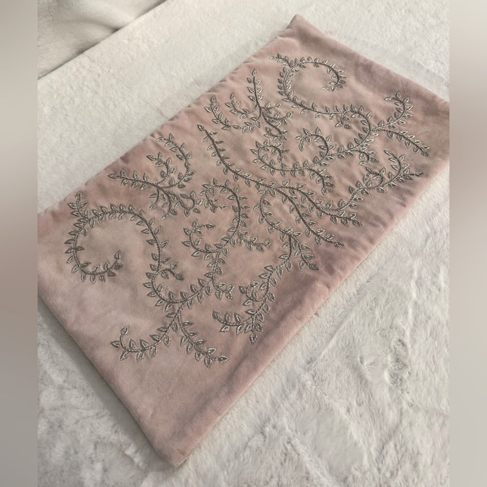 Bliss Studio Blush Pink with Silver Floral Embroidery Pillow Cover- 24”x14” - Picture 5 of 13